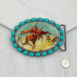 BUK240213-13                 Oval silver metal with blue turquoise stone and cowgirl Belt buckle