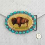 BUK240213-13                 Oval silver metal with blue turquoise stone and cowgirl Belt buckle