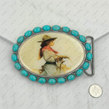 BUK240213-13                 Oval silver metal with blue turquoise stone and cowgirl Belt buckle