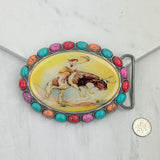 BUK240213-18                 Oval silver metal with muti turquoise stone and cowgirl Belt buckle