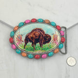 BUK240213-18                 Oval silver metal with muti turquoise stone and cowgirl Belt buckle
