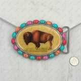 BUK240213-18                 Oval silver metal with muti turquoise stone and cowgirl Belt buckle