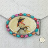 BUK240213-18                 Oval silver metal with muti turquoise stone and cowgirl Belt buckle