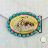 BUK240213-23             Oval copper metal with blue turquoise stone and cowgirl Belt buckle