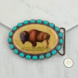 BUK240213-23             Oval copper metal with blue turquoise stone and cowgirl Belt buckle