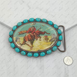 BUK240213-23             Oval copper metal with blue turquoise stone and cowgirl Belt buckle