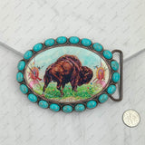 BUK240213-23             Oval copper metal with blue turquoise stone and cowgirl Belt buckle