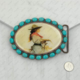 BUK240213-23             Oval copper metal with blue turquoise stone and cowgirl Belt buckle