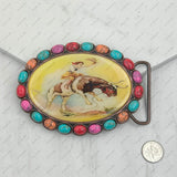 BUK240213-28            Oval copper metal with muti turquoise stone and cowgirl Belt buckle