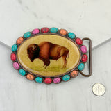 BUK240213-28            Oval copper metal with muti turquoise stone and cowgirl Belt buckle