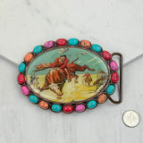 BUK240213-28            Oval copper metal with muti turquoise stone and cowgirl Belt buckle