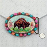BUK240213-28            Oval copper metal with muti turquoise stone and cowgirl Belt buckle