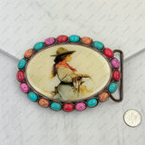 BUK240213-28            Oval copper metal with muti turquoise stone and cowgirl Belt buckle