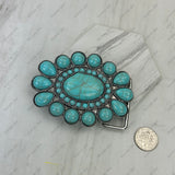 BUK250123-06               Large Silver metal with blue turquoise stone Belt buckle