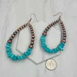 CER240805-14-COPPER-BLUE              Copper Navajo pearl with blue turquoise stone chips Earrings