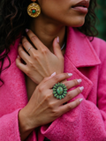 RGY220430-01-GREEN            Silver metal with green stone flower stretch Ring