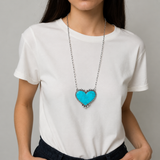 NKS230416-41    "26 inches blue turquoise stone heart necklace  with paper clip shape silver metal chain"