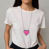 NKS230416-43    "26 inches pink stone heart necklace  with paper clip shape silver metal chain"