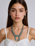 NKY180525-02-BLUE      Silver with blue turquoise stone squash blossom Necklace