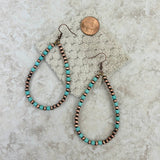 ER190810-08-BLUE-COOPER    "Cooper Navajo pearl with blue turquoise beads  teardrop hoop Earrings"