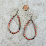 ER190810-08-ORANGE-COOPER    "Cooper Navajo pearl with orange stone beads  teardrop hoop Earrings"