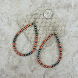 ER190810-08-ORANGE-SILVER     "Silver Navajo pearl with orange stone beads  teardrop hoop Earrings"