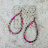 ER190810-08-PINK-COOPER    "Cooper Navajo pearl with hot pink stone beads  teardrop hoop Earrings"