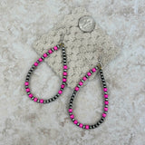 ER190810-08-PINK-SILVER     "Silver Navajo pearl with hot pink stone beads  teardrop hoop Earrings"