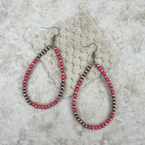 ER190810-08-RED-COOPER    "Cooper Navajo pearl with red stone beads  teardrop hoop Earrings"