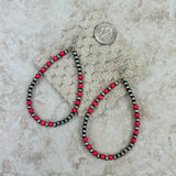 ER190810-08-RED-SILVER     "Silver Navajo pearl with red stone beads  teardrop hoop Earrings"