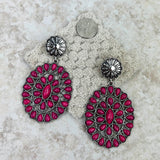 ER211230-03-PINK     Silver with hot pink stones oval concho earring