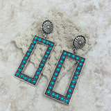 ER220430-01-BLUE    "Small silver concho with blue turquoise stones  large triangle earring"