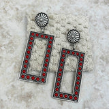 ER220430-01-RED    Small silver concho with red stones large triangle earring