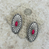 ER220430-03-PINK     Silver with hot pink stone oval concho Earrings