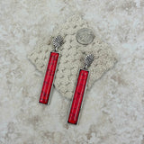 ER220430-05-RED    "Small silver concho with Red stone  long bar Earrings"