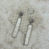 ER220430-05-WHITE    "Small silver concho with white stone  long bar Earrings"