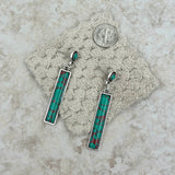 ER220430-06-GREEN     Silver with green turquoise stone long bar Earring