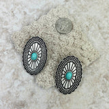 ER220430-07-BLUE     Silver with blue turquoise stone oval concho Earrings