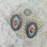 ER220430-07-ORANGE     Silver with orange stone oval concho Earrings