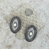 ER220430-07-WHITE      Silver with white stone oval concho Earrings