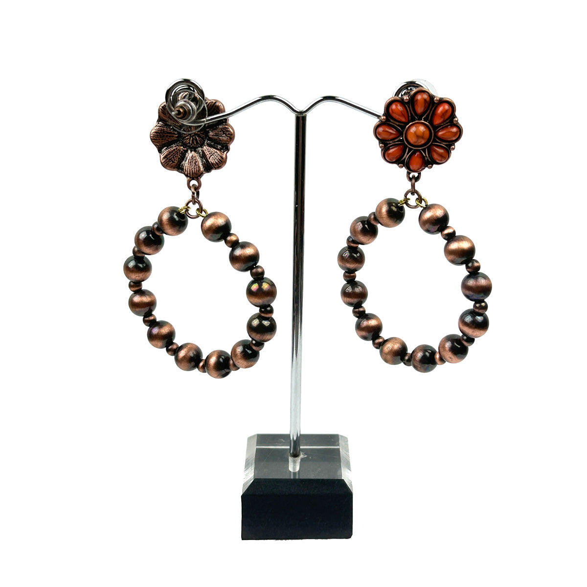 ER220630-01-ORANGE-COPPER     "Copper orange stone flower concho  and Navajo pearl hoop Earring"