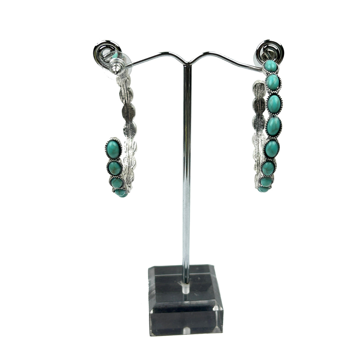 ER221015-07-BLUE     Silver metal with blue turquoise stone hoop earrings