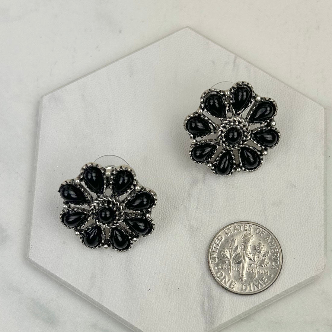 ER221015-08-BLACK      Small silver and black stone floral concho post Earring