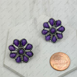 ER221015-08-PURPLE     Small silver and purple stone floral concho post Earring