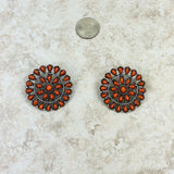 ER221015-09-ORANGE      Silver rope and orange stone flower concho Earring