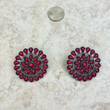 ER221015-09-RED       Silver rope and red stone flower concho Earring
