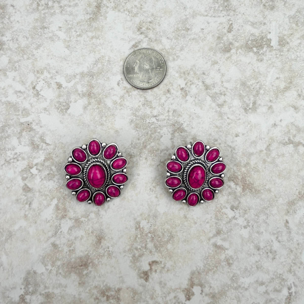 ER221115-03-PINK      Silver and pink stone floral concho post Earring