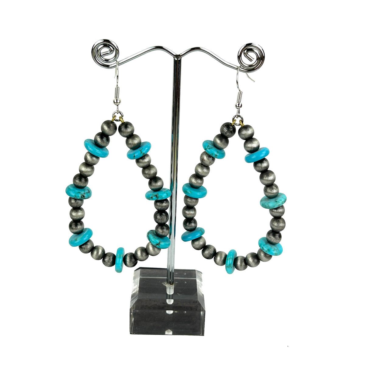 ER221215-01-BLUE-SILVER    Silver Navajo pearl with blue roundel turquoise stone teardrop earring