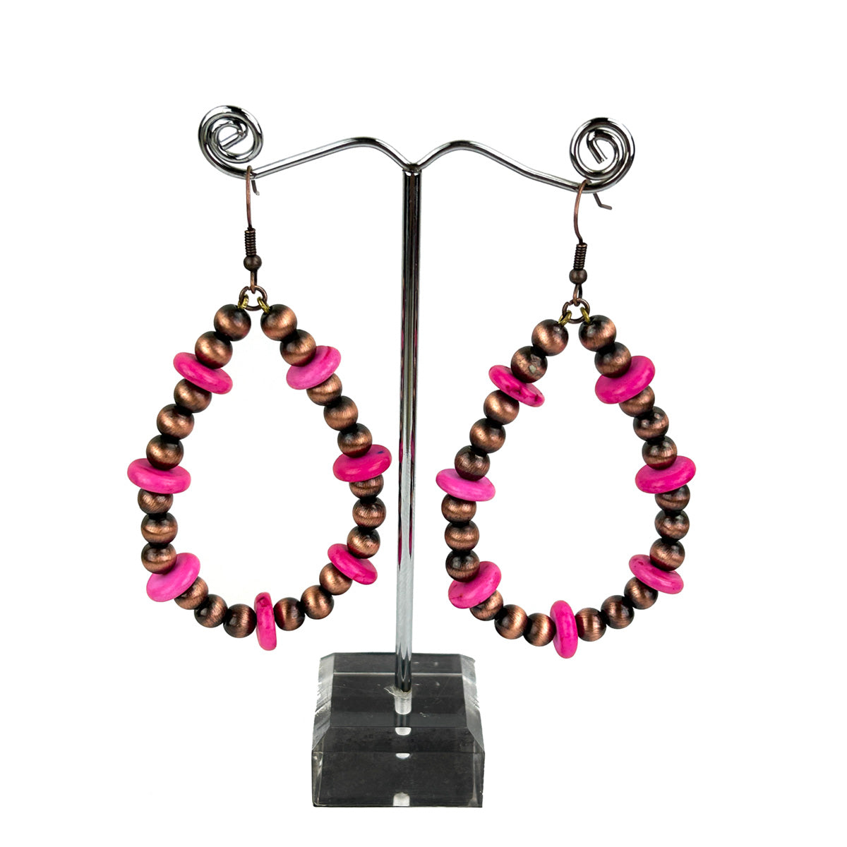 ER221215-01-PINK-COPPER    Copper Navajo pearl with pink roundel stone teardrop earrings