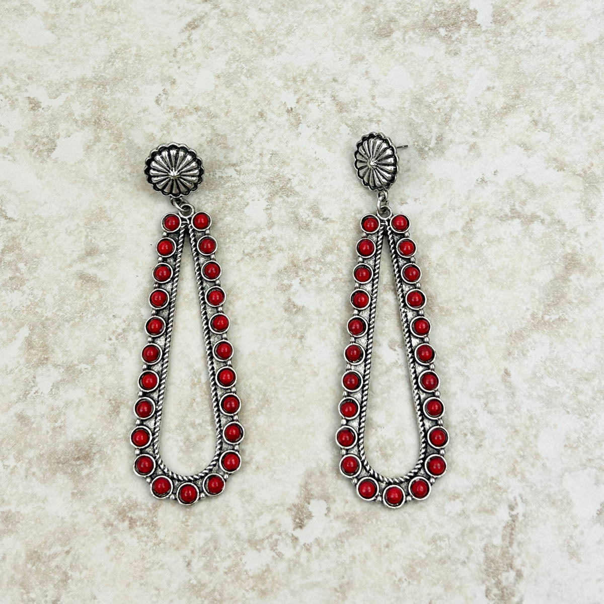 ER230225-01-RED    Silver sunburst concho with red stone long teardrop Earring